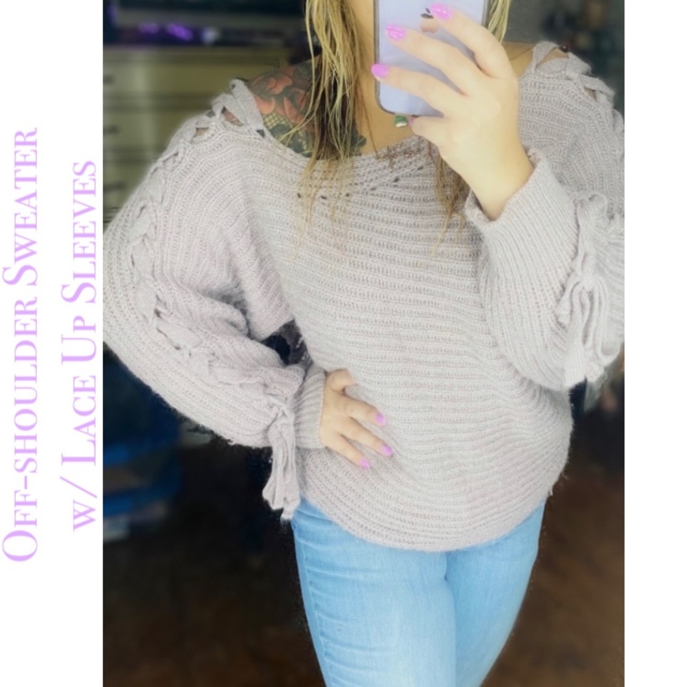 Off-Shoulder Lace Up Sweater